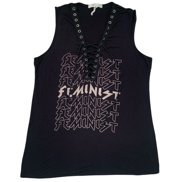 ‘Feminist’ Hard Rock Band Font Lace Up Tank Top Size M/L - Picture 1 of 5
